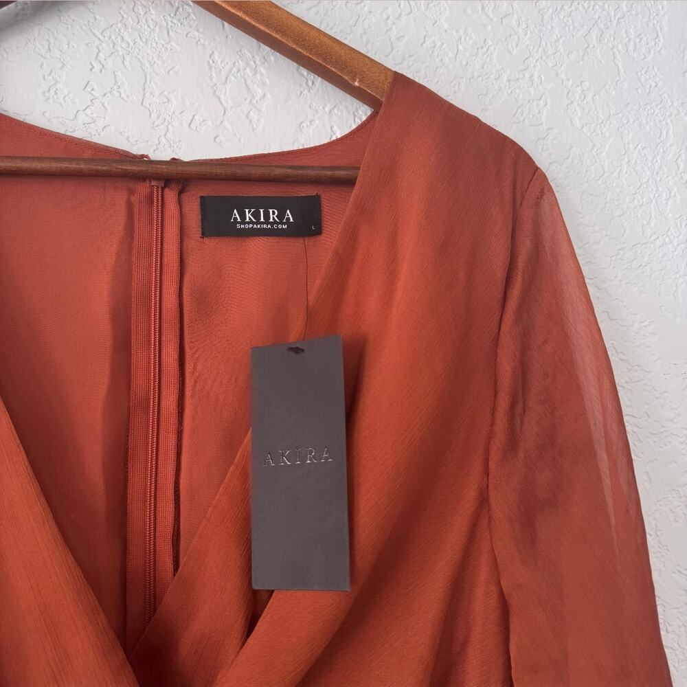 Akira Rust Red Orange Long Sleeve Faux Wrap Dress Size Large - Picture 3 of 5